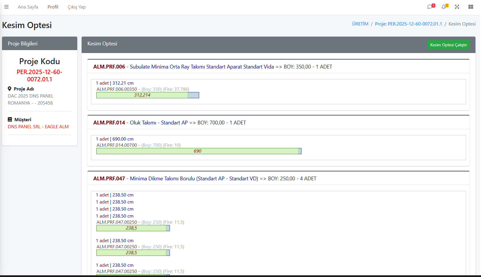 Kesim optesi ekranı